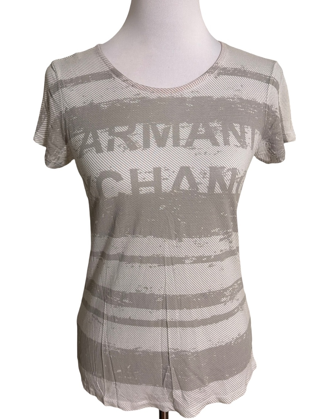 Armani Exchange Women's Short Sleeve Striped Logo Tee in Light Gray and White